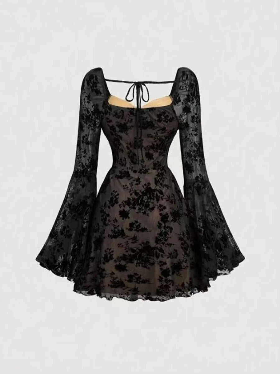 Lace Flare Sleeve Mini Dress Black / L