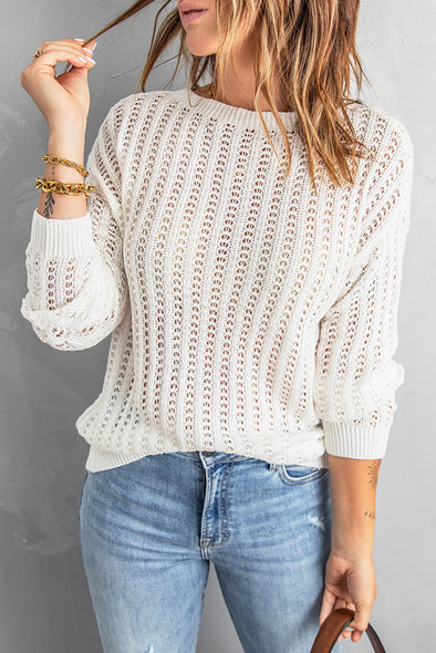 Dropped Shoulder Openwork Sweater White