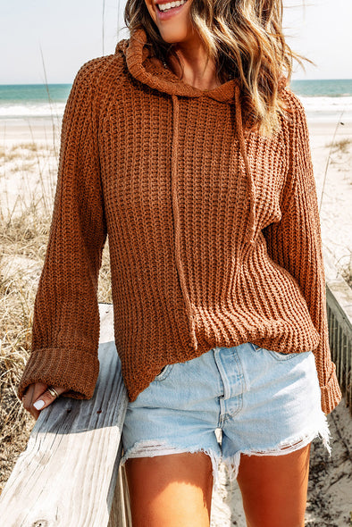 Rib-Knit Drawstring Hooded Sweater Brown
