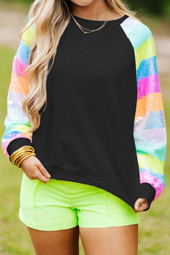 Round Neck Color Block Glitter Sleeve Sweatshirt