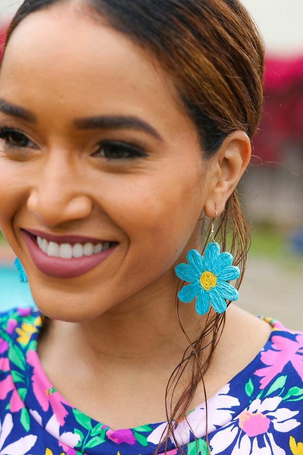 Sky Blue Daisy Flower Straw  Dangle Earrings