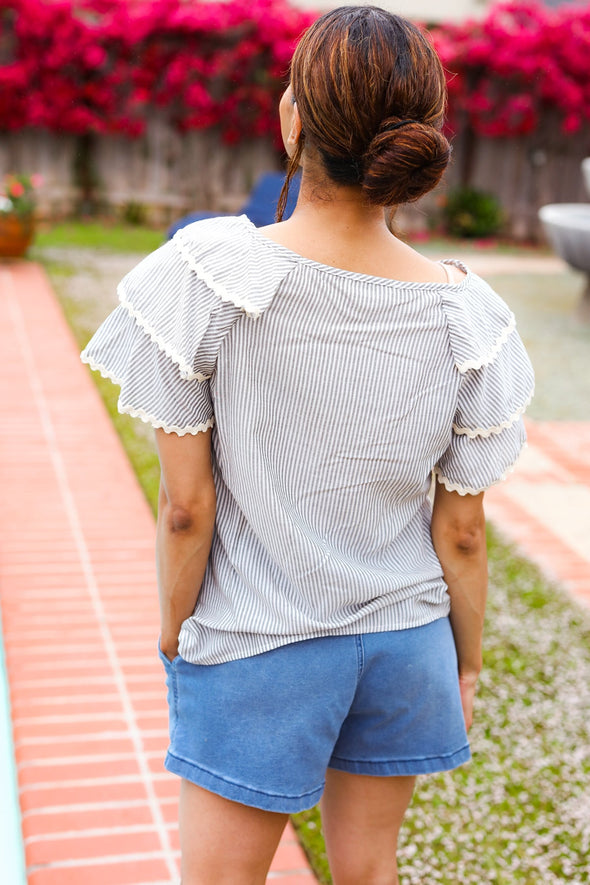 Lovely In Gray Stripe Tiered Ruffle Sleeve Ric Rac Trim Top