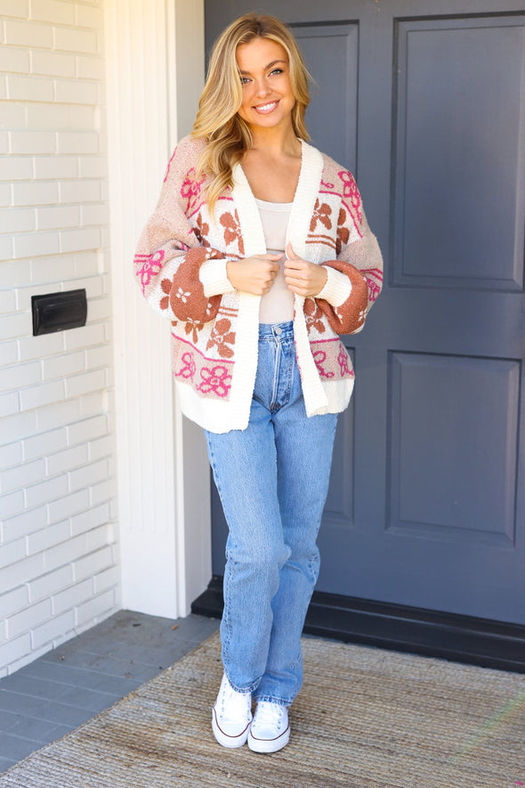 Take On The Day Ivory Floral Stripe Open Cardigan