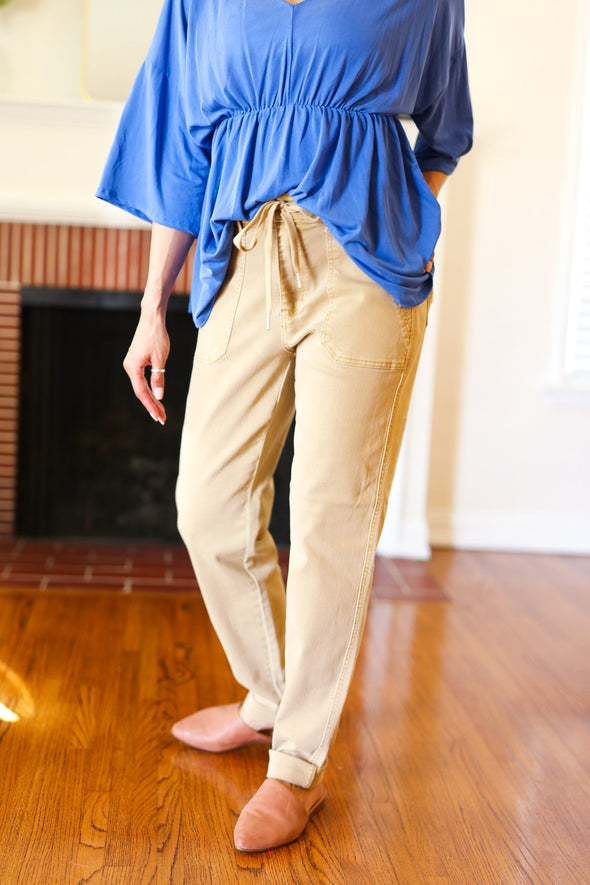 Judy Blue Feeling Femm' Khaki Garment Dyed Drawstring Jogger Jeans