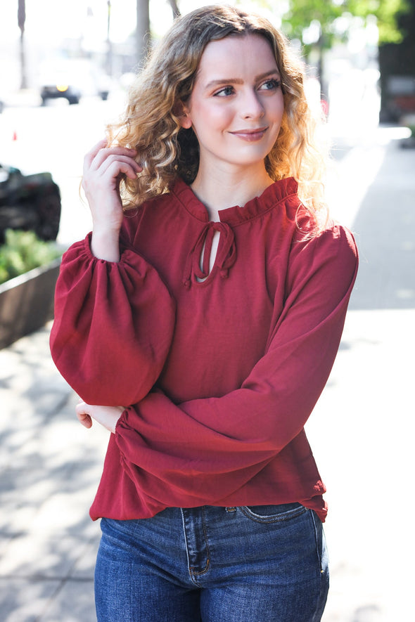 Feeling Femme Off Burgundy Frilled Edge V Neck Tie Top