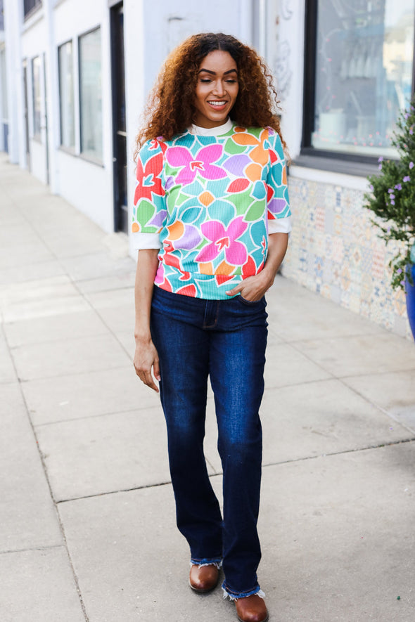 Spring Vibes Multicolor Floral Rib Back Bow Tie Detail Top