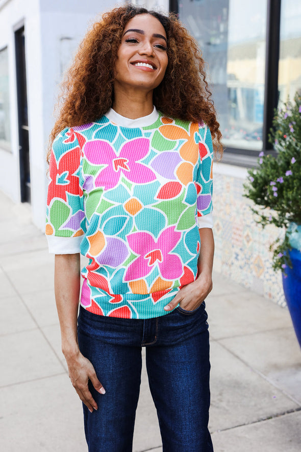 Spring Vibes Multicolor Floral Rib Back Bow Tie Detail Top