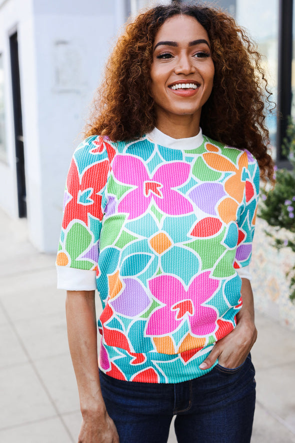 Spring Vibes Multicolor Floral Rib Back Bow Tie Detail Top