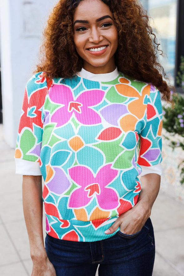 Spring Vibes Multicolor Floral Rib Back Bow Tie Detail Top