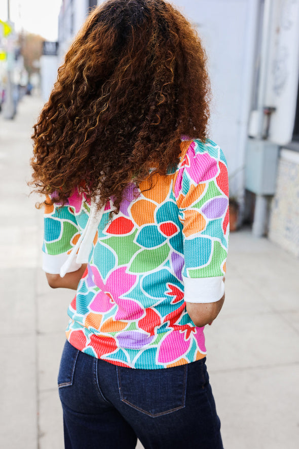 Spring Vibes Multicolor Floral Rib Back Bow Tie Detail Top