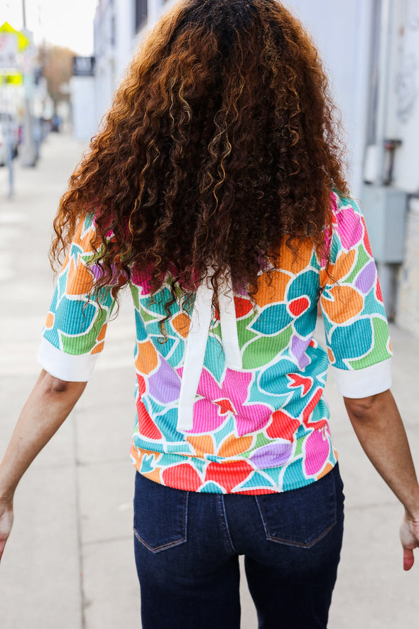 Spring Vibes Multicolor Floral Rib Back Bow Tie Detail Top