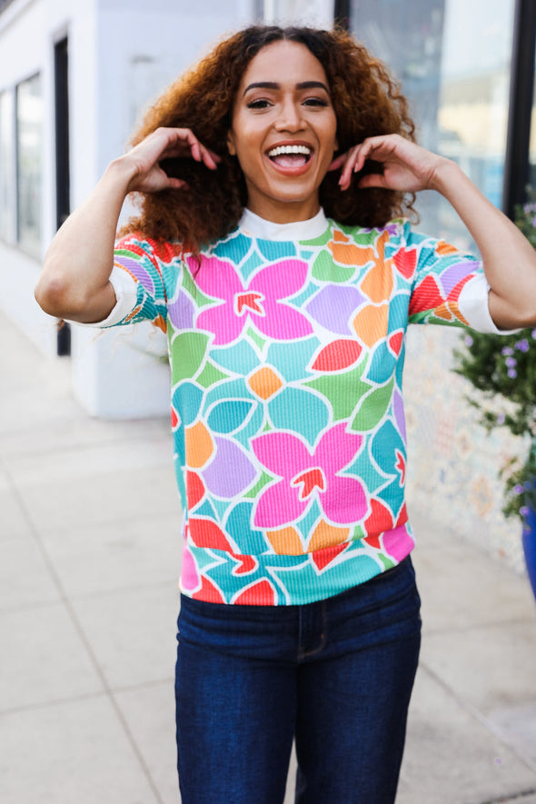 Spring Vibes Multicolor Floral Rib Back Bow Tie Detail Top