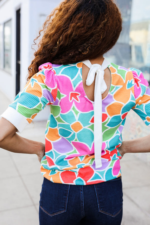 Spring Vibes Multicolor Floral Rib Back Bow Tie Detail Top