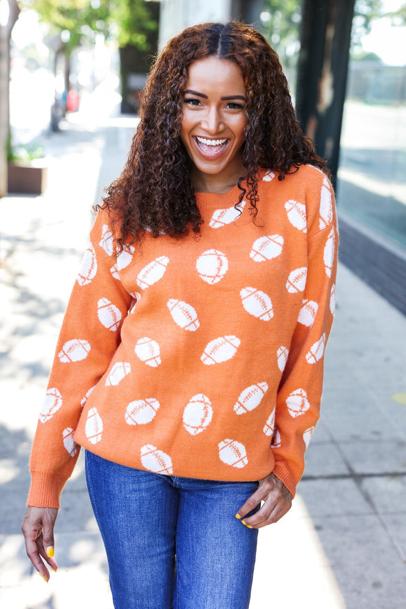 Game Day Orange Football Print Jacquard Knit Sweater