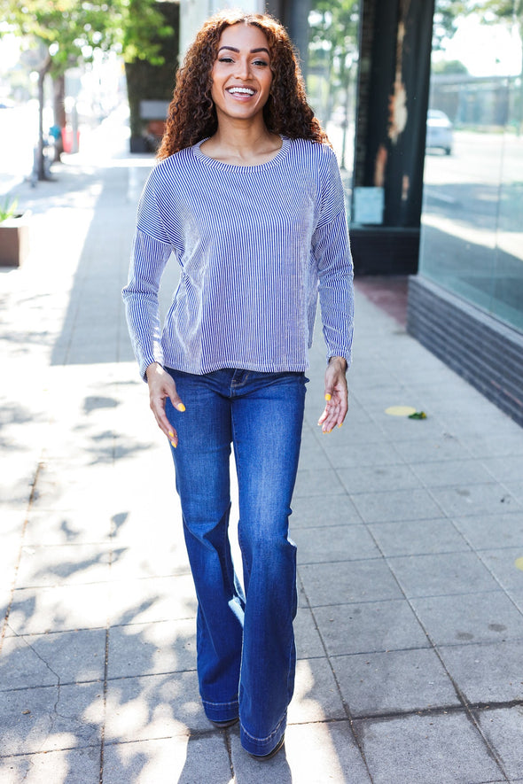 Hello Beautiful Blue Rib Dolman Cropped Sweater Top