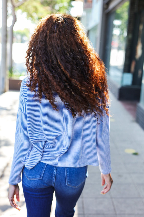 Hello Beautiful Blue Rib Dolman Cropped Sweater Top