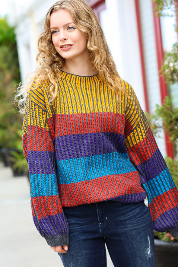 Take All Of Me Mustard & Cerulean Stripe Oversized Sweater