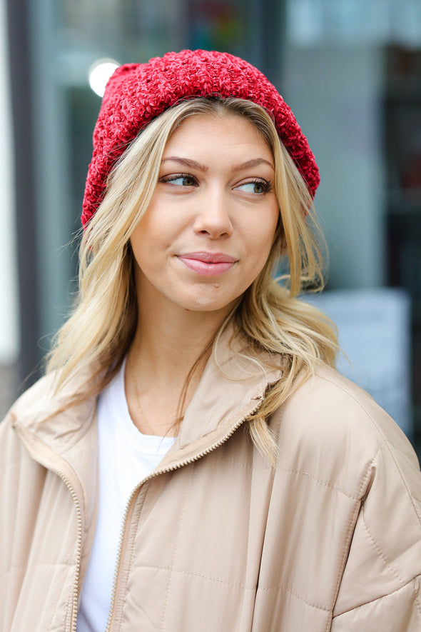 Cranberry Knit Velvet Chenille Fold Over Beanie