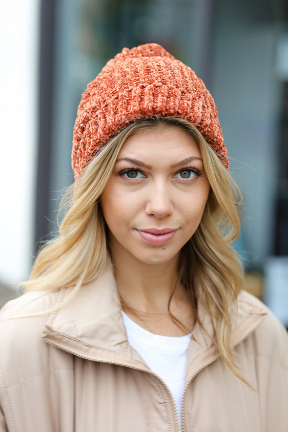 Rust Knit Velvet Chenille Fold Over Beanie