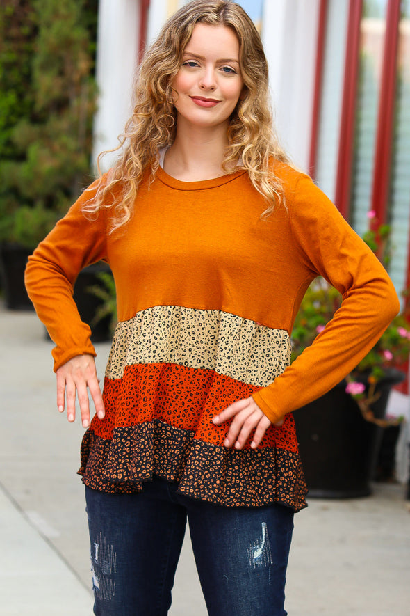 Haptics Give You Joy Rust/Taupe Leopard Print Tiered Babydoll Top