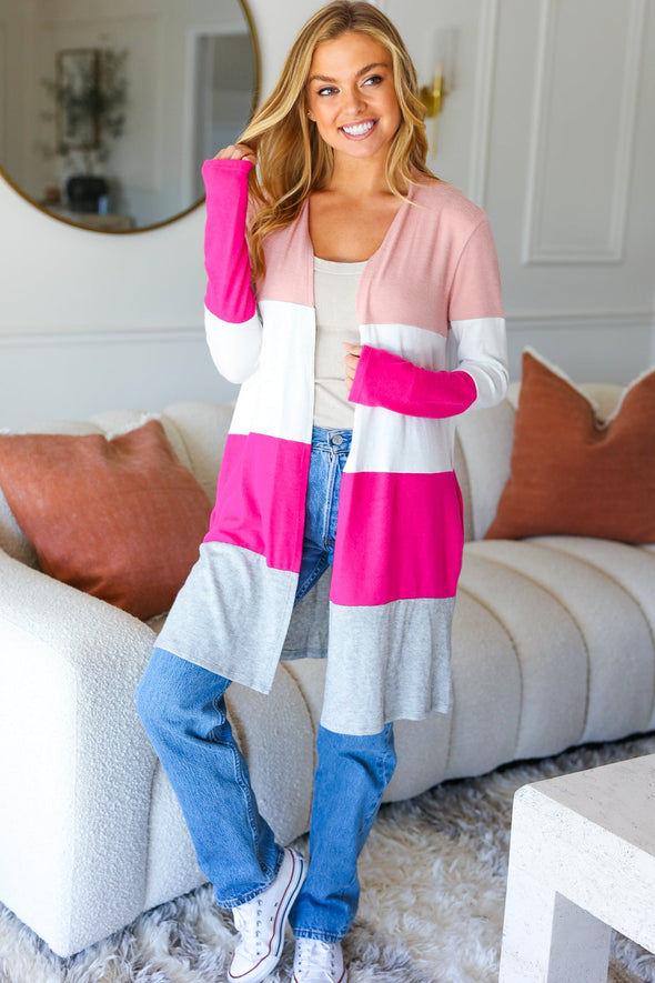 Face The Day Blush Wide Stripe Hacci Colorblock Cardigan