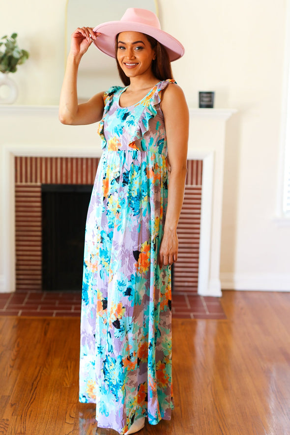 Feeling Elegant Seafoam Floral Print Ruffle Maxi Dress