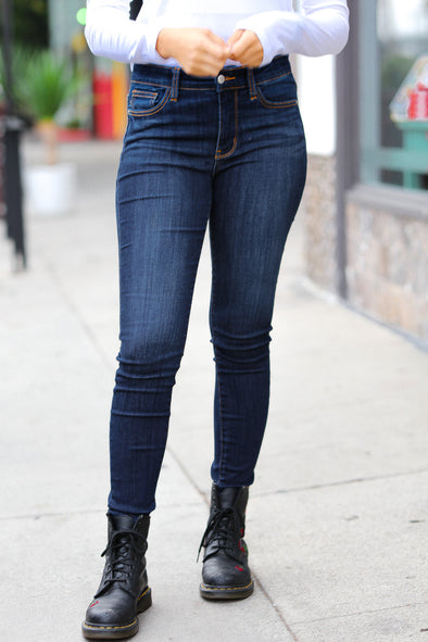 Judy Blue Can't Lose Dark Blue Denim Raw Hem Mid Rise Jeans