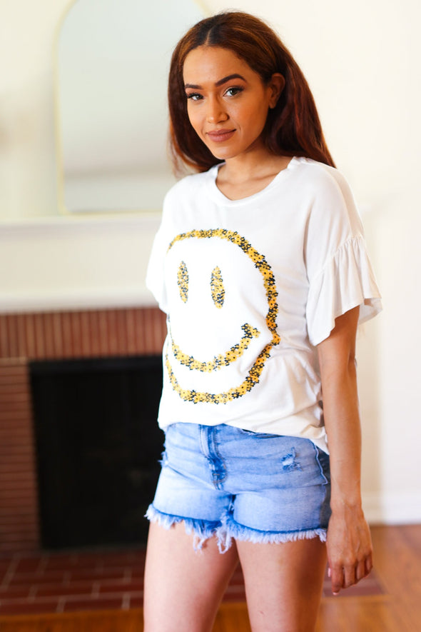 Live For Today White Floral Smiley Face Flutter Sleeve Tee