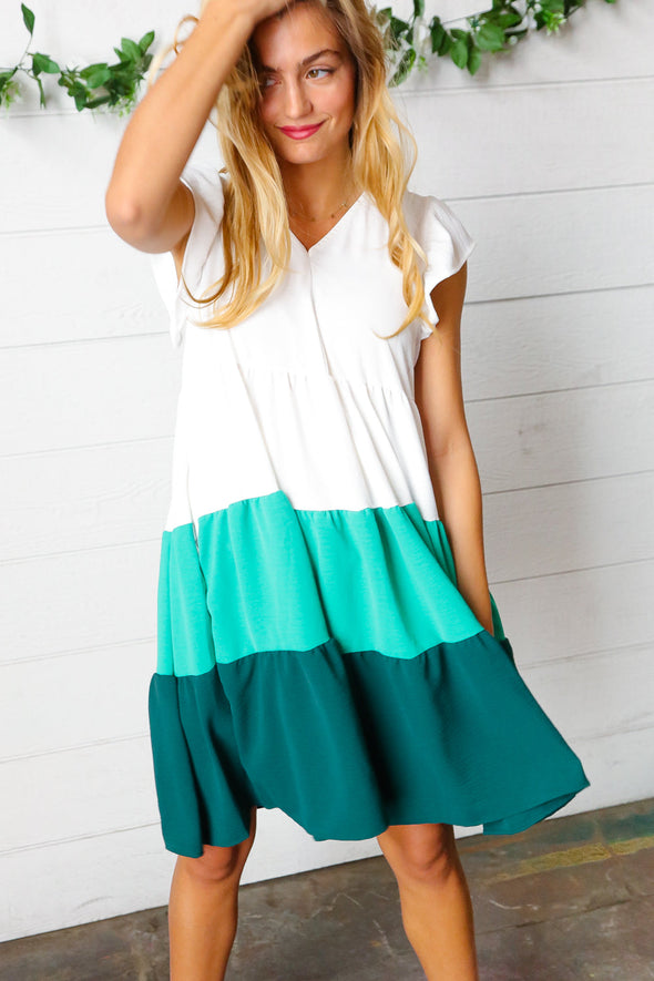 Haptics Seafoam & Emerald Tiered Frill Sleeve Midi Dress