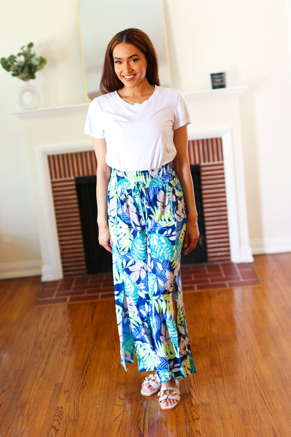 Tropical Boho Smocked Waist Side Slit Palazzo Pants