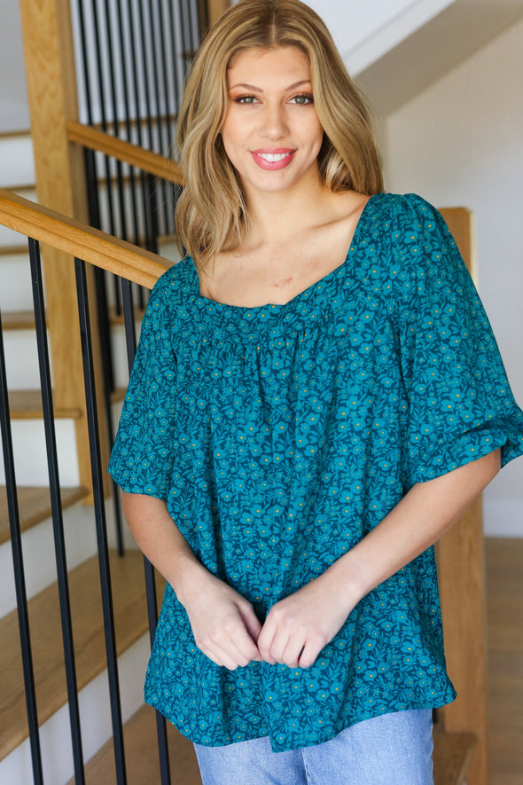 Perfectly You Teal Floral Three Quarter Sleeve Square Neck Top