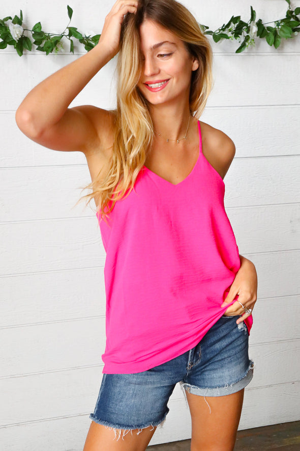 Hot Pink Adjustable Strap V Neck Lined Cami