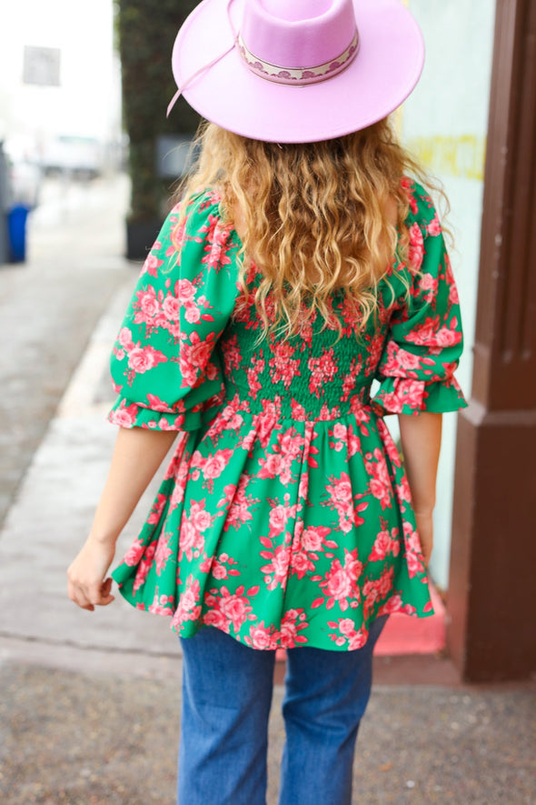 Sumptuous In Smocked Green & Coral Flower Print Babydoll Top