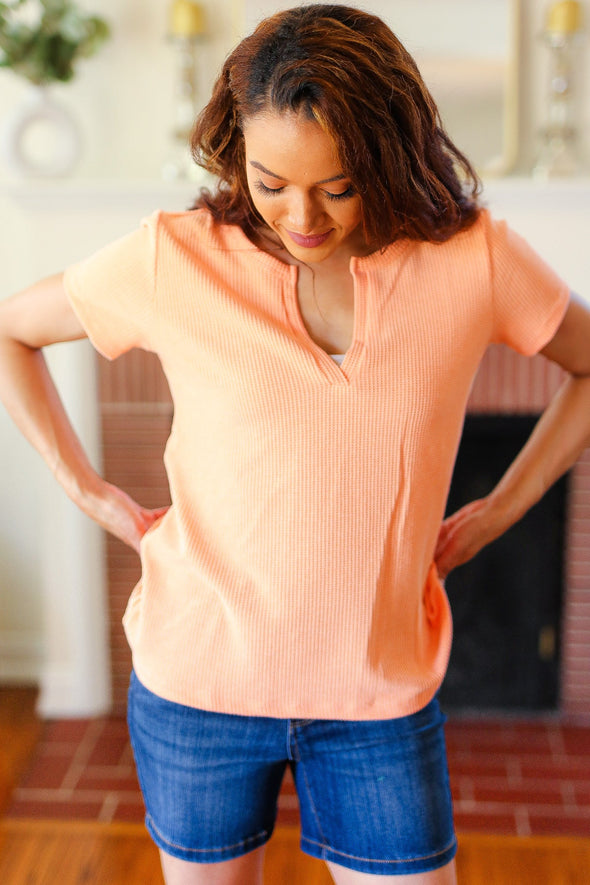 Feel Your Best Orange Baby Waffle Henley Neckline Top