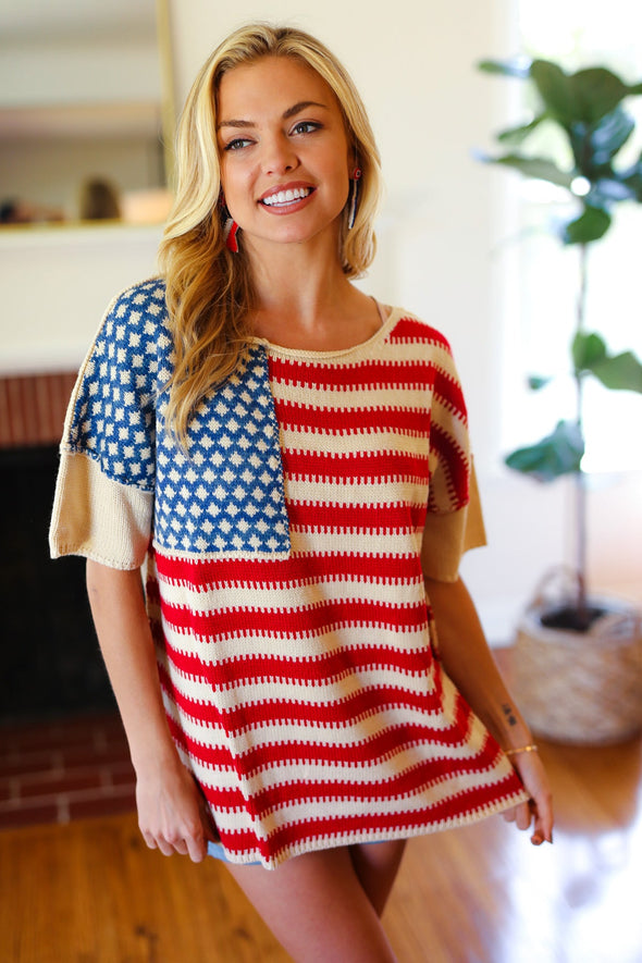 American Flag Jacquard Knit Sweater Top