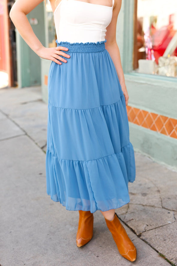 Look Of Love Denim Blue Smocked Waist Tiered Chiffon Skirt