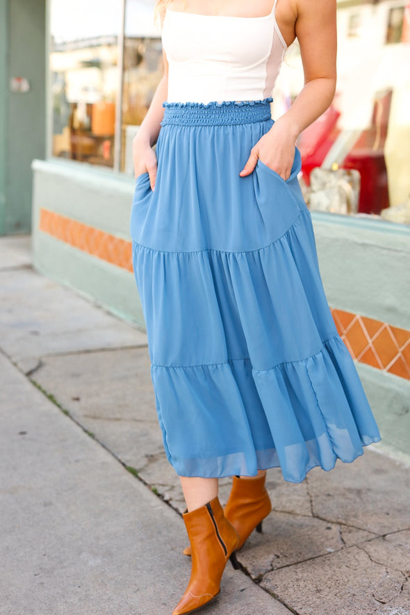 Look Of Love Denim Blue Smocked Waist Tiered Chiffon Skirt