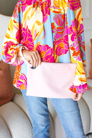 Blush Faux Leather Handle Zipper Clutch