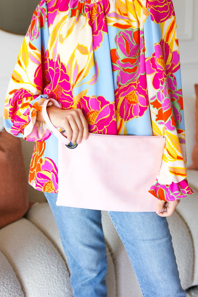 Blush Faux Leather Handle Zipper Clutch