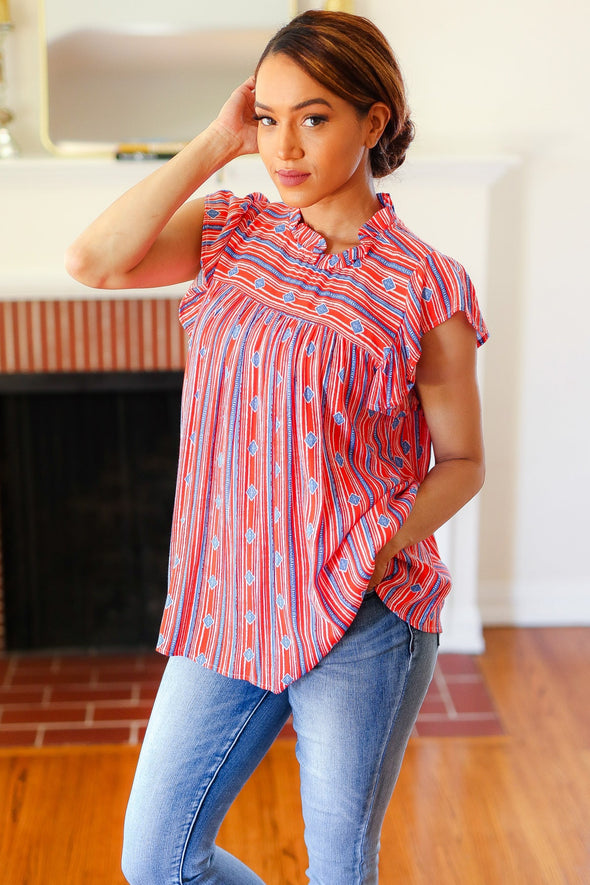 Red & Blue Boho Stripe Flutter Sleeve Top