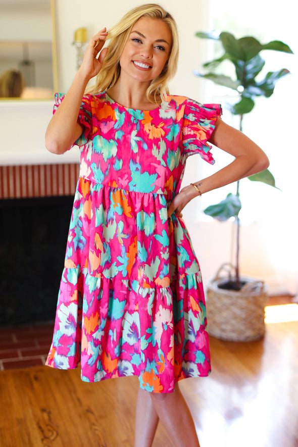 Look Of Love Fuchsia Abstract Floral Print Smocked Ruffle Sleeve Dress