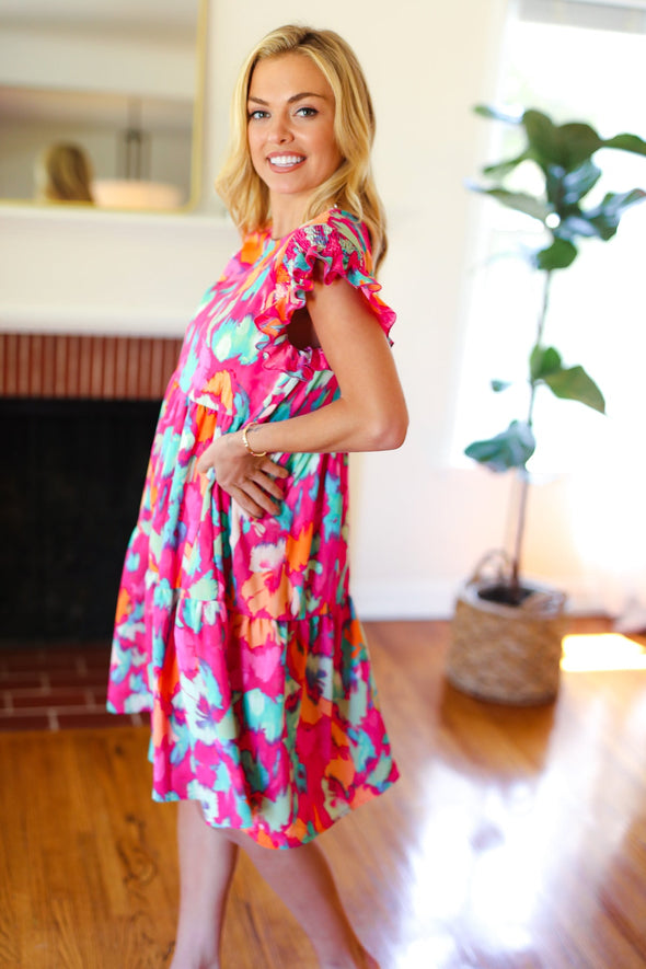 Look Of Love Fuchsia Abstract Floral Print Smocked Ruffle Sleeve Dress