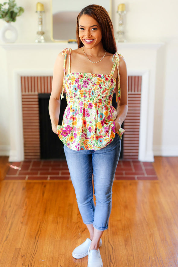 Sunny Days Yellow Floral Smocked Shoulder Tie Top