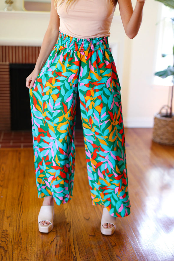 Summer Vibes Green & Orange Abstract Print Smocked Palazzo Pants