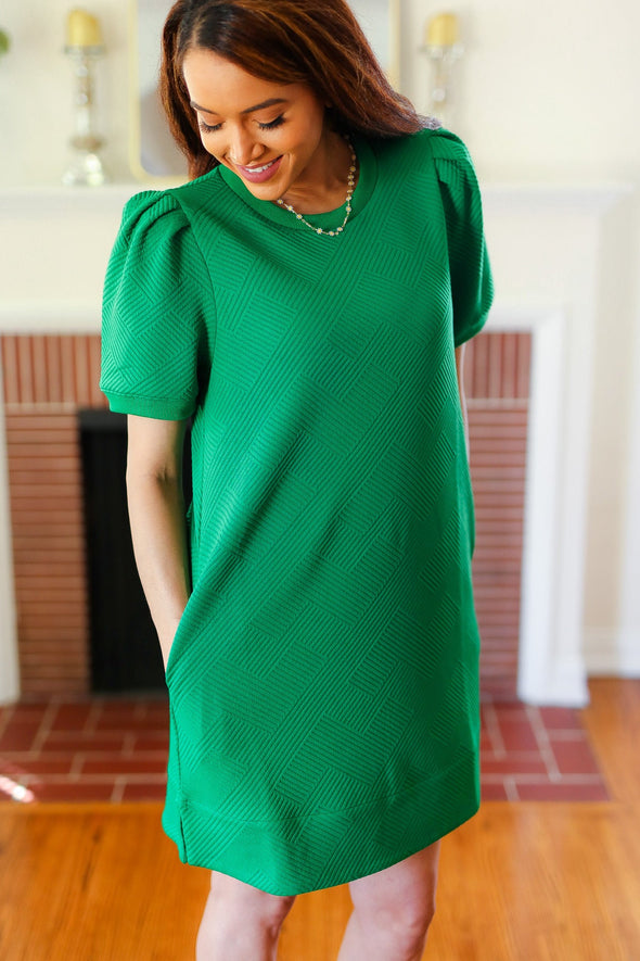 Boldly You Kelly Green Textured Puff Sleeve Dress