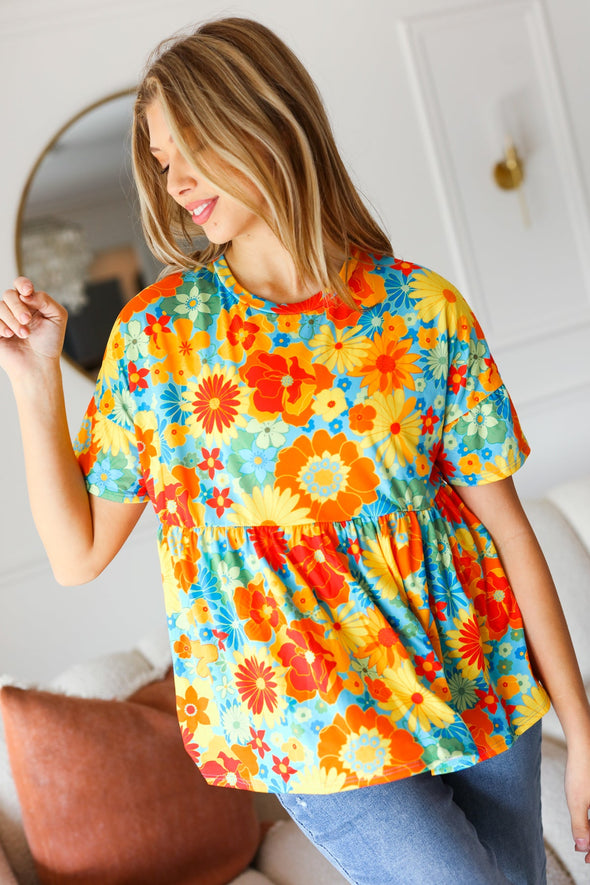 Sunflower & Red Retro Floral Swing Babydoll Top