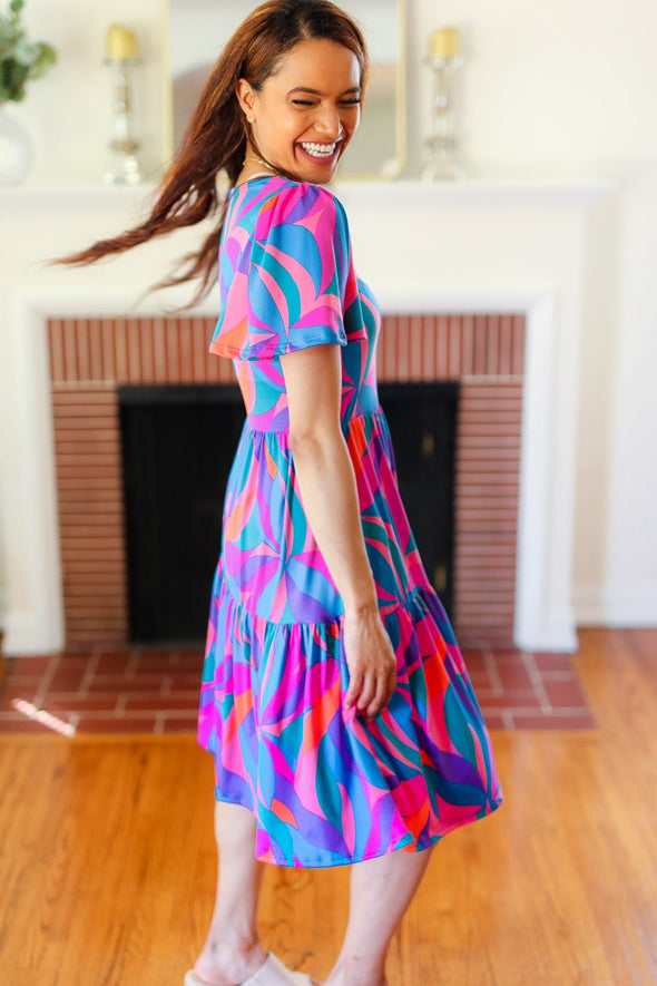 Remember Me Blue & Fuchsia Geo Print V Neck Dress