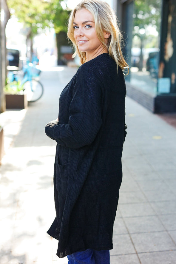 Everyday Black Striped Knit Open Cardigan