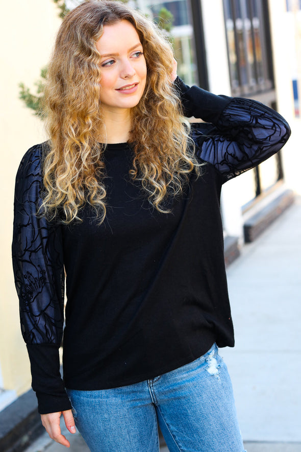 Black Floral Mesh Bubble Sleeve Top