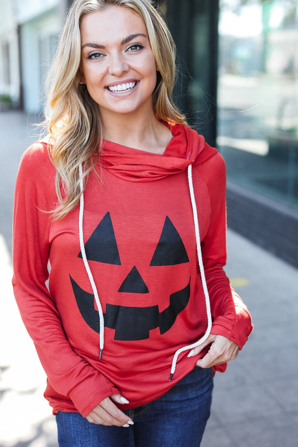 Orange Jack-O-Lantern French Terry Thumb Hole Double Hoodie